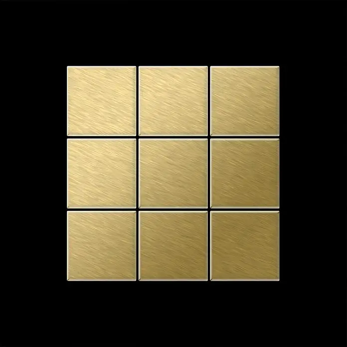 ALLOY Mosaikfliese Mosaik Fliese massiv Metall Titan gebürstet gold 1,6mm stark Century-Ti-GB - 98 x 98 mm, Gold, Sonstiges - Neun gebürstete goldene quadratische Fliesen in einem 3x3-Gitter.
