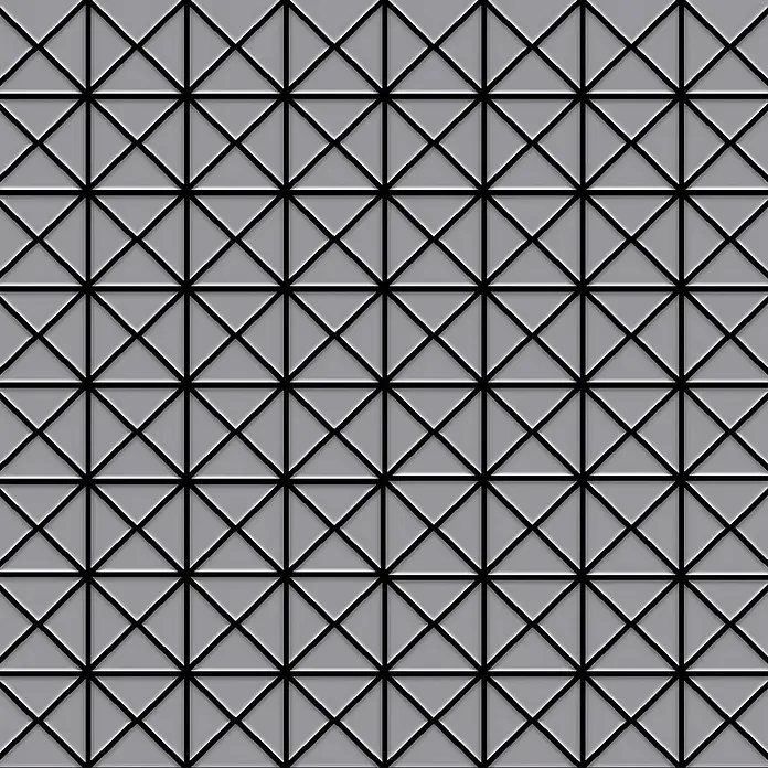 ALLOY Mosaikfliese Mosaik Fliese massiv Metall Edelstahl matt grau 1,6mm stark Deco-S-S-MA - 303 x 303 mm, Grau, Silber, Matt - Nahtloses geometrisches Muster aus grauen und schwarzen Quadraten, die in Dreiecke unterteilt sind.