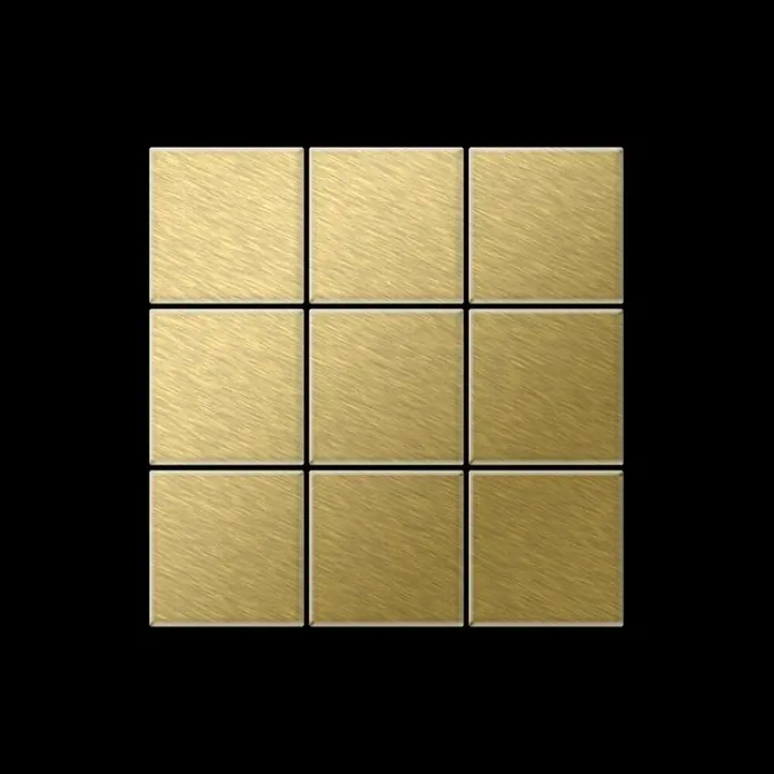 ALLOY Mosaikfliese Mosaik Fliese massiv Metall Titan gebürstet gold 1,6mm stark Century-Ti-GB - 98 x 98 mm, Gold, Sonstiges - Neun gebürstete Messing-Quadratfliesen.