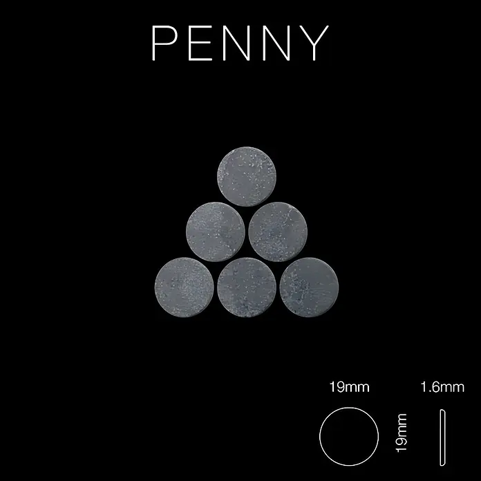 ALLOY Mosaikfliese Mosaik Fliese massiv Metall Rohstahl gewalzt grau 1,6mm stark Penny-RS - 302 x 316 mm, Grau, Sonstiges - Sechs graue, runde Münzrohlinge, 19mm Durchmesser, 1,6mm dick.