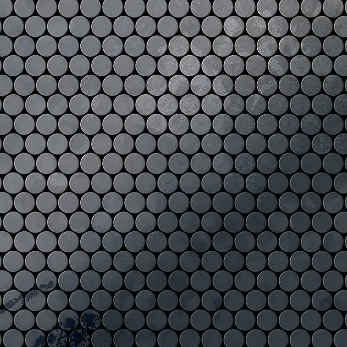 ALLOY Mosaikfliese Mosaik Fliese massiv Metall Rohstahl gewalzt grau 1,6mm stark Penny-RS - 302 x 316 mm, Grau, Sonstiges - Dunkelgraue matte runde Fliesen mit texturierter Oberfläche, in einem nahtlosen Gittermuster angeordnet.