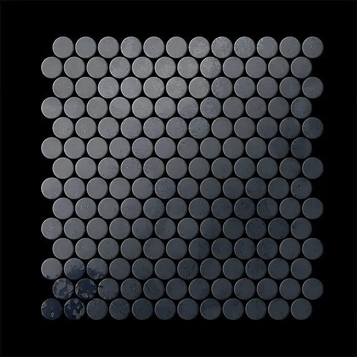 ALLOY Mosaikfliese Mosaik Fliese massiv Metall Rohstahl gewalzt grau 1,6mm stark Penny-RS - 302 x 316 mm, Grau, Sonstiges - Matte aus dunkelgrauen runden Steinmosaikfliesen.