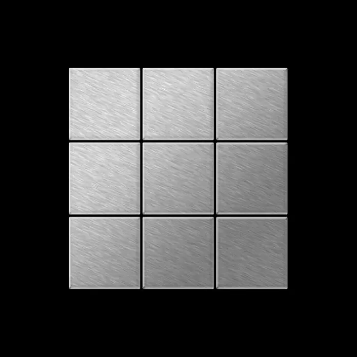 ALLOY Mosaikfliese Mosaik Fliese massiv Edelstahl marine gebürstet grau 1,6mm Century-S-S-MB - 98 x 98 mm, Grau, Silber, Blau, Sonstiges - Neun quadratische Fliesen aus gebürstetem Metall, in einem 3x3-Raster angeordnet.