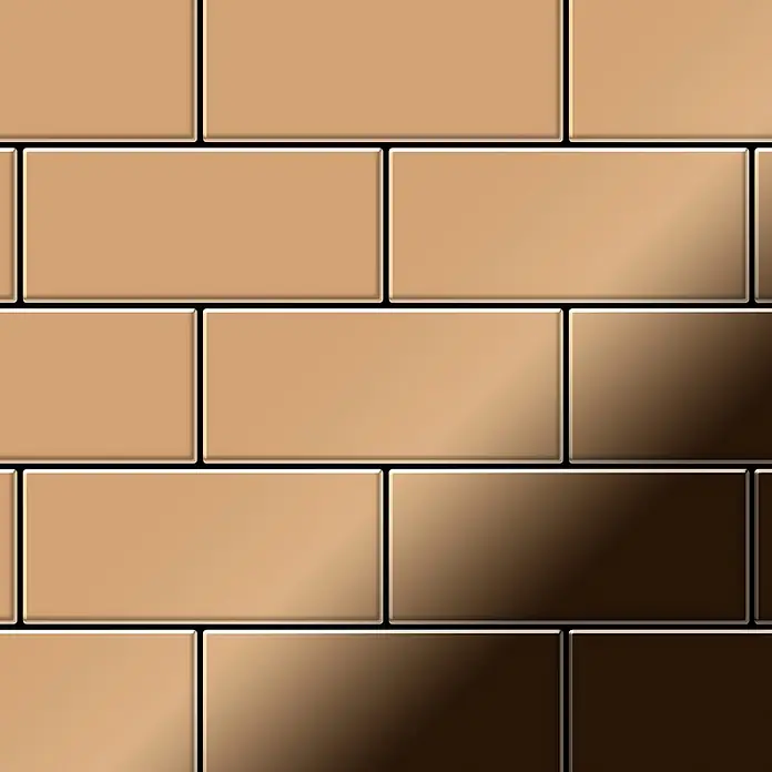 ALLOY Mosaikfliese Mosaik Fliese massiv Titan hochglänzend kupfer 1,6mm stark Subway-Ti-AM - 76 x 152 mm, Bronze, Hochglänzend - Glänzende braune und beige rechteckige Fliesen in versetztem Muster.