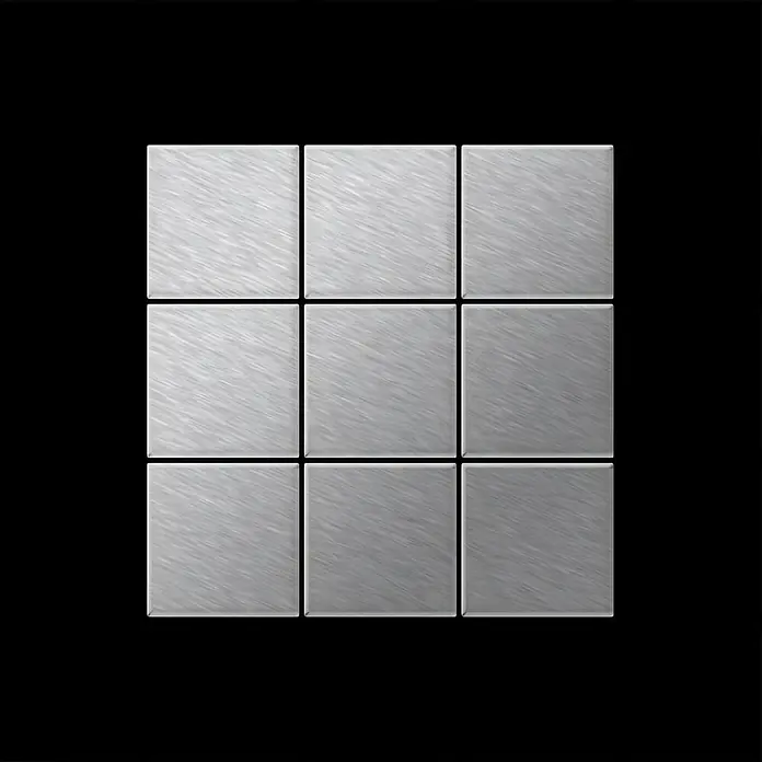 ALLOY Mosaikfliese Mosaik Fliese massiv Metall Edelstahl matt grau 1,6mm stark Century-S-S-MA - 98 x 98 mm, Grau, Silber, Matt - Neun silbergraue gebürstete Metallquadratfliesen, in einem 3x3-Gitter angeordnet.
