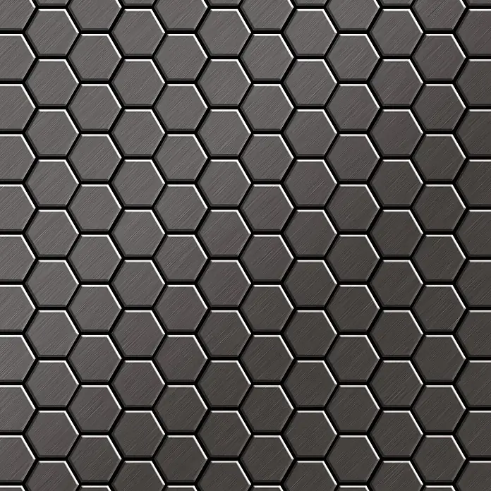 ALLOY Mosaikfliese Mosaik Fliese massiv Titan gebürstet dunkelgrau 1,6mm stark Honey-Ti-SB - 329 x 332 mm, Schwarz, Grau, Sonstiges - Dunkelgraues sechseckiges Muster aus gebürstetem Metall.