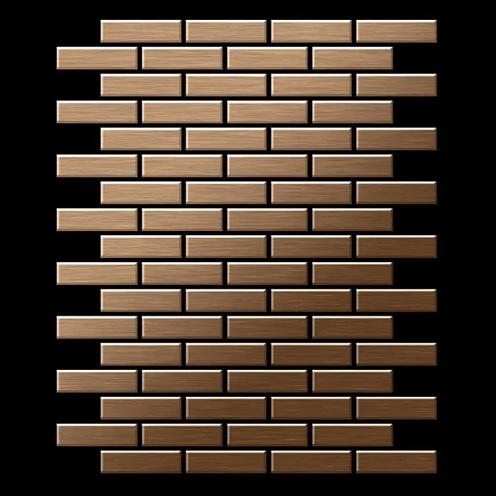 ALLOY Mosaikfliese Mosaik Fliese massiv Metall Titan gebürstet kupfer 1,6mm stark PK-Ti-AB - 309 x 302 mm, Bronze, Sonstiges - Bronze-farbene Fliesen aus gebürstetem Metall im Ziegelverband verlegt.