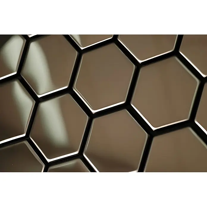 ALLOY Mosaikfliese Mosaik Fliese massiv Metall Edelstahl hochglanz grau 1,6mm Honey-S-S-M - 329 x 332 mm, Grau, Silber, Hochglänzend - Reflektierende, metallische Sechseckfliesen in Bronze-Grau.