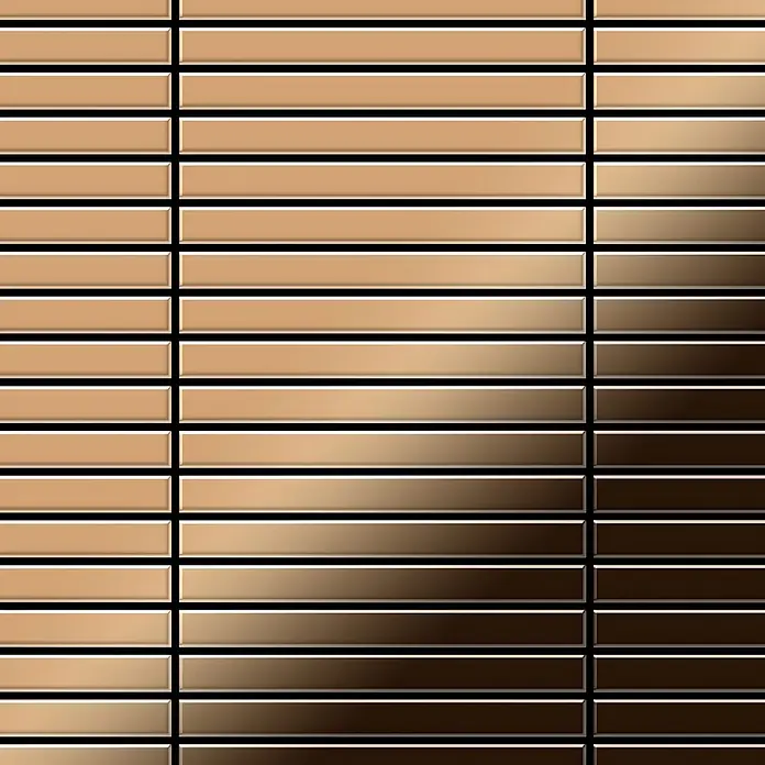 ALLOY Mosaikfliese Mosaik Fliese massiv Titan hochglänzend kupfer 1,6mm stark Linear-Ti-AM - 316 x 297 mm, Bronze, Hochglänzend - Rechteckige, glänzende Paneele in Beige-Braun-Farbverlauf, gitterförmig angeordnet.