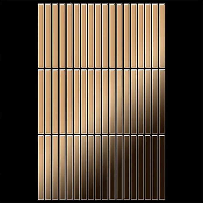 ALLOY Mosaikfliese Mosaik Fliese massiv Titan hochglänzend kupfer 1,6mm stark Linear-Ti-AM - 316 x 297 mm, Bronze, Hochglänzend - Muster aus vertikalen, goldenen Rechteckfliesen, von Hellgold zu Dunkelbronze übergehend.