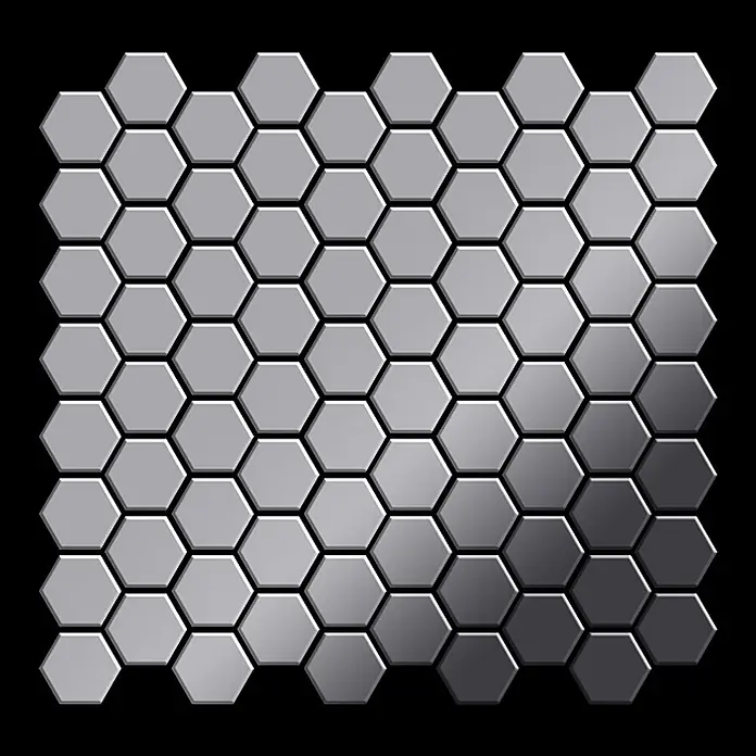 ALLOY Mosaikfliese Mosaik Fliese massiv Metall Edelstahl hochglanz grau 1,6mm Honey-S-S-M - 329 x 332 mm, Grau, Silber, Hochglänzend - Metallische sechseckige Fliesen in einem hell-dunkelgrauen Farbverlauf, die ein Wabenmuster bilden.