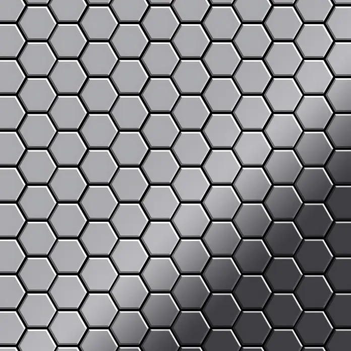 ALLOY Mosaikfliese Mosaik Fliese massiv Metall Edelstahl hochglanz grau 1,6mm Honey-S-S-M - 329 x 332 mm, Grau, Silber, Hochglänzend - Nahtloses graues Metall-Sechseckmuster mit strukturierter Oberfläche und subtiler Schattierung für ein modernes Design.