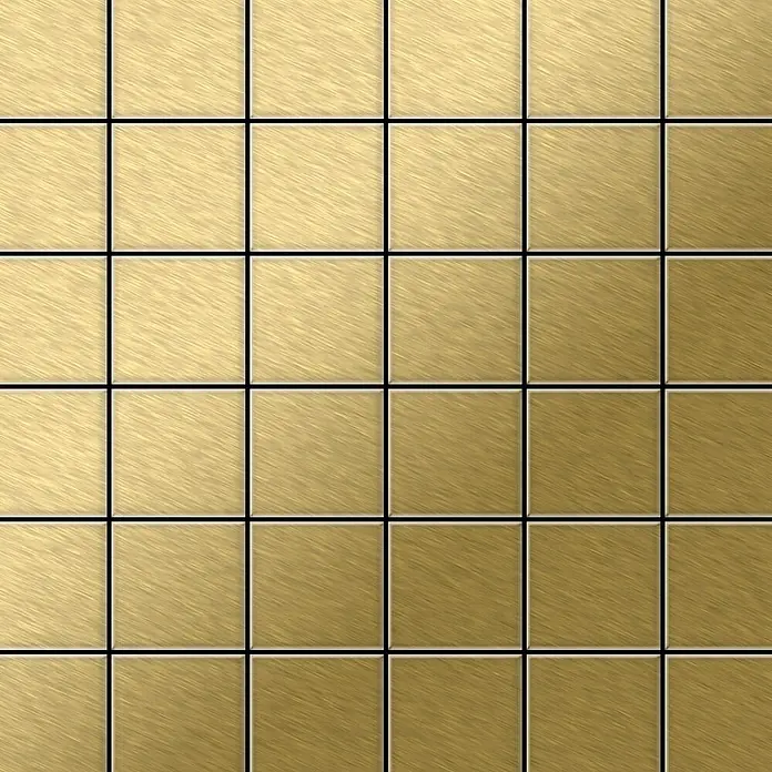 ALLOY Mosaikfliese Mosaik Fliese massiv Titan gebürstet gold 1,6mm stark Cinquanta-Ti-GB - 306 x 306 mm, Gold, Sonstiges - Gebürstete goldene Metallfliesen in quadratischer Anordnung mit leichtem Farbverlauf.