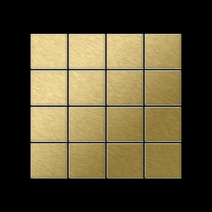ALLOY Mosaikfliese Mosaik Fliese massiv Titan gebürstet gold 1,6mm stark Cinquanta-Ti-GB - 306 x 306 mm, Gold, Sonstiges - Gitter aus 16 gebürsteten goldenen quadratischen Fliesen.