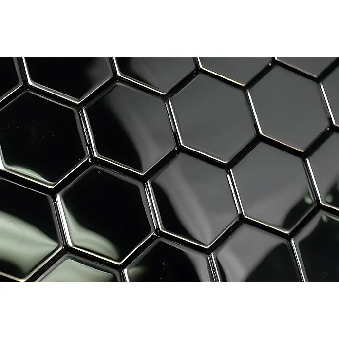 ALLOY Mosaikfliese Mosaik Fliese massiv Metall Edelstahl hochglanz grau 1,6mm Honey-S-S-M - 329 x 332 mm, Grau, Silber, Hochglänzend - Reflektierende schwarze Sechskantfliesen in einem ineinandergreifenden Muster.