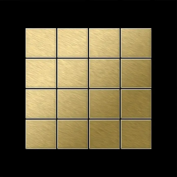 ALLOY Mosaikfliese Mosaik Fliese massiv Titan gebürstet gold 1,6mm stark Cinquanta-Ti-GB - 306 x 306 mm, Gold, Sonstiges - 4x4 Gitter aus gebürsteten goldfarbenen Metallquadraten.