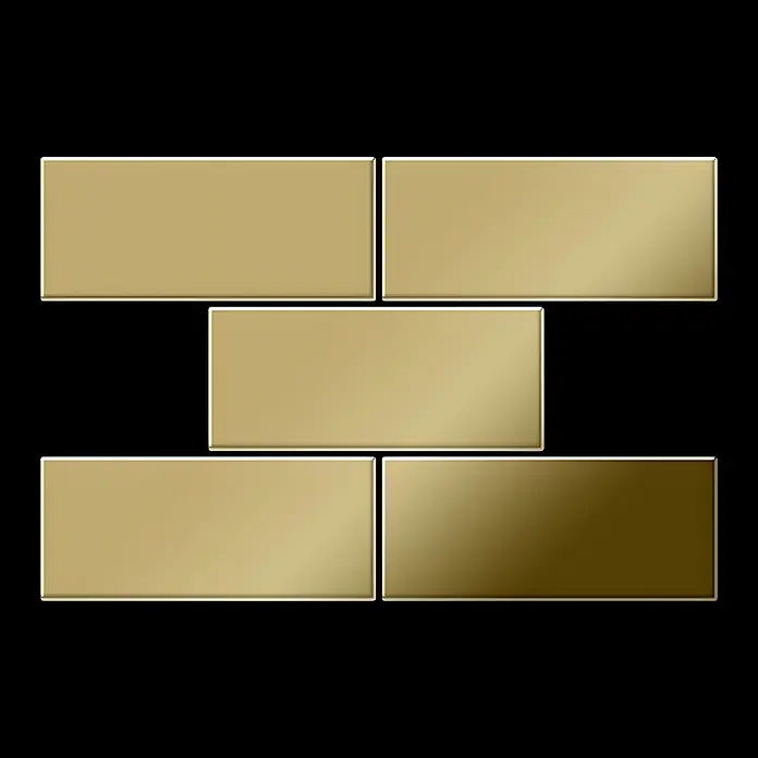 ALLOY Mosaikfliese Mosaik Fliese massiv Titan hochglänzend gold 1,6mm stark Subway-Ti-GM - 76 x 152 mm, Gold, Hochglänzend - Fünf rechteckige goldene Metallfliesen in Ziegelmuster-Anordnung.