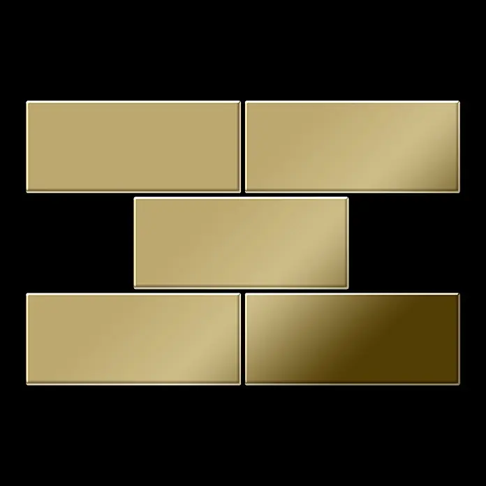 ALLOY Mosaikfliese Mosaik Fliese massiv Titan hochglänzend gold 1,6mm stark Subway-Ti-GM - 76 x 152 mm, Gold, Hochglänzend - Fünf metallisch goldene rechteckige Blöcke in einem versetzten Muster angeordnet.