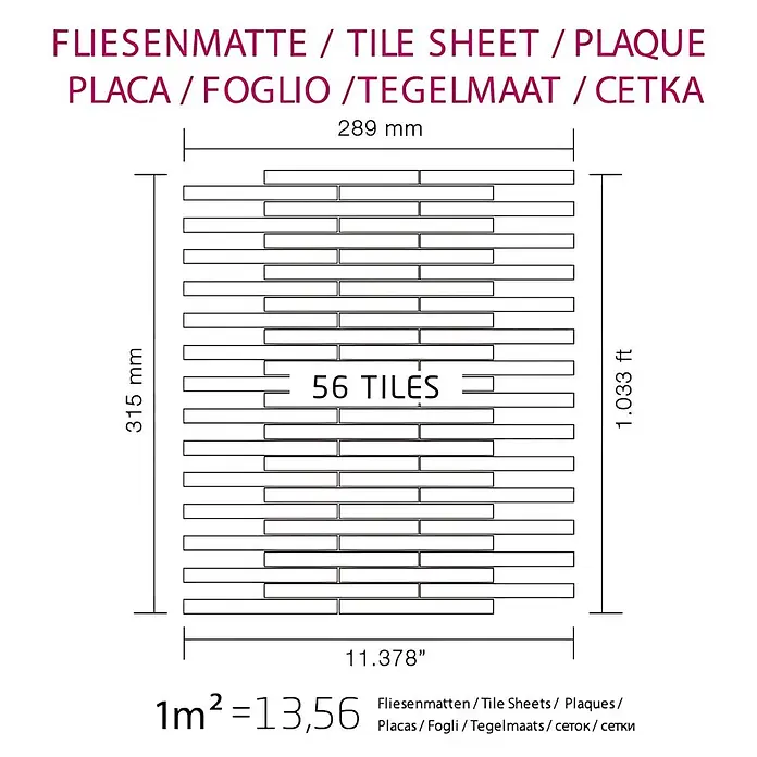 ALLOY Mosaikfliese Mosaik Fliese massiv Metall Edelstahl matt grau 1,6mm stark Avenue-S-S-MA - 289 x 315 mm, Grau, Silber, Matt - Fliesenmatte mit 56 rechteckigen Fliesen, 289x315 mm, mit Maßen und Flächenverbrauch.