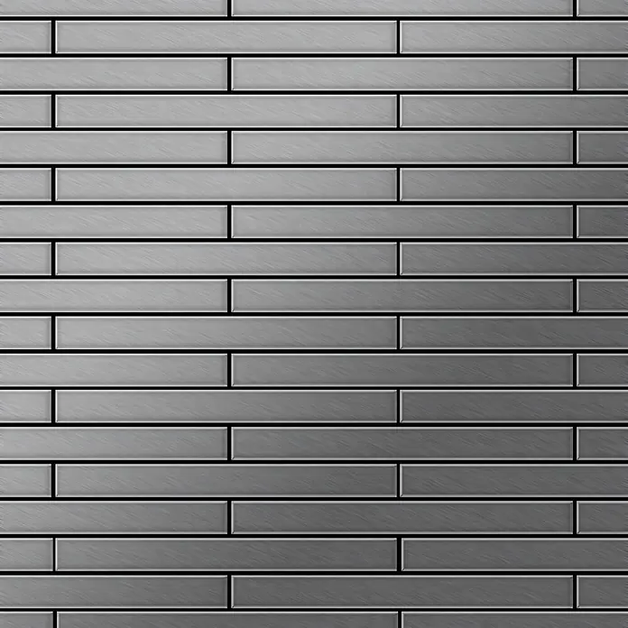 ALLOY Mosaikfliese Mosaik Fliese massiv Edelstahl marine gebürstet grau 1,6mm Avenue-S-S-MB - 289 x 315 mm, Grau, Silber, Blau, Sonstiges - Gebürstete graue Metallrechteckfliesen in versetztem Muster, von hell nach dunkel verlaufend.