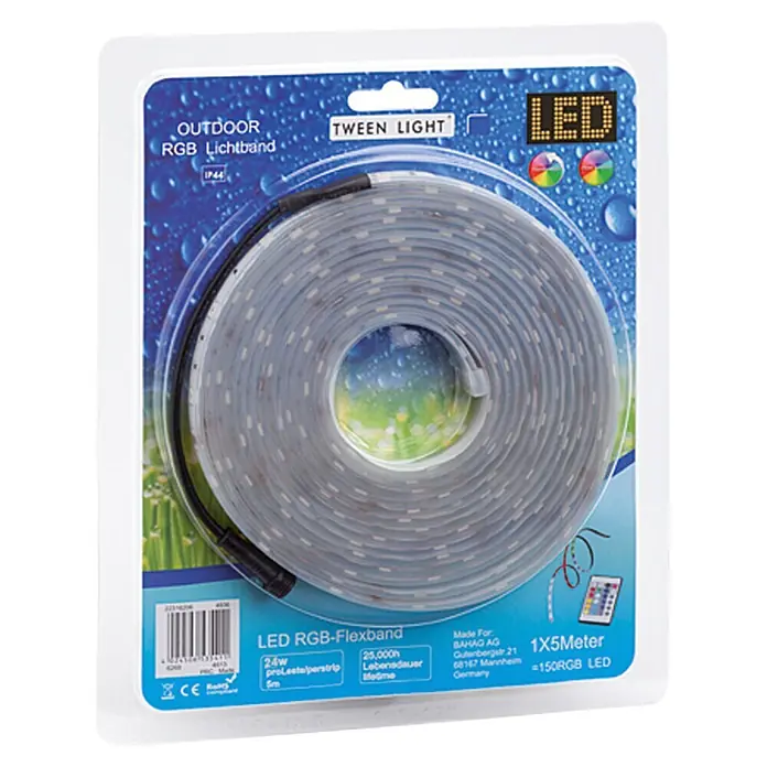 Starlux Tira LED - Largo: 5 m, Color de luz: RGB, 22 W - Imagen de una tira de luz LED RGB flexible para exteriores "Tween Light", 1x5 metros, con 150 LEDs RGB, en su embalaje.