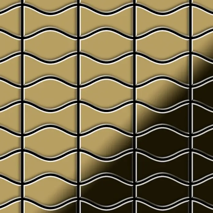 ALLOY Mosaikfliese Mosaik Fliese massiv Metall Titan hochglanz gold 1,6mm Kismet & Karma-Ti-GM - 299 x 299 mm, Gold, Hochglänzend - Wellengittermuster in Goldbraun mit schwarzen und weißen Umrissen, mit einem Verlauf von hell- zu dunkelbraun.
