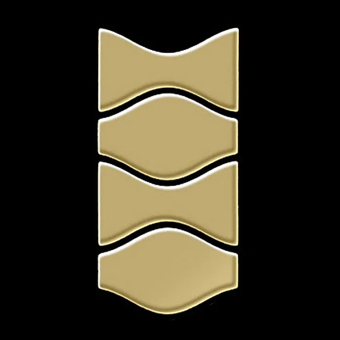 ALLOY Mosaikfliese Mosaik Fliese massiv Metall Titan hochglanz gold 1,6mm Kismet & Karma-Ti-GM - 299 x 299 mm, Gold, Hochglänzend - Gestapelte goldfarbene, sanduhrförmige Modulelemente.