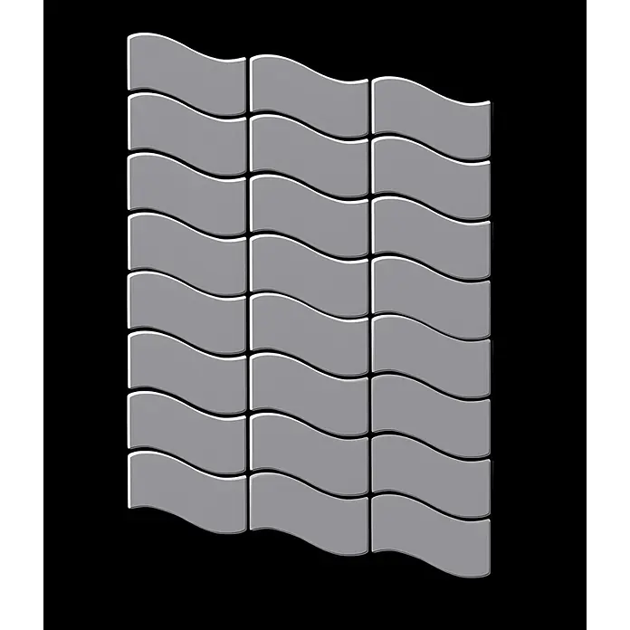 ALLOY Mosaikfliese Mosaik Fliese massiv Metall Edelstahl matt grau 1,6mm stark Flux-S-S-MA - 318 x 305 mm, Grau, Silber, Matt - Hellgraue wellenförmige Fliesen in einem Raster angeordnet, bilden eine strukturierte Wandfläche.