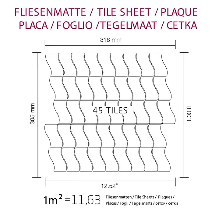 ALLOY Mosaikfliese Mosaik Fliese massiv Metall Titan gebürstet gold 1,6mm stark Flux-Ti-GB - 318 x 305 mm, Gold, Sonstiges - Diagramm einer Fliesenmatte mit 45 wellenförmigen Fliesen, Maße 318x305mm (12.52x1.00ft) und m²-Umrechnung.