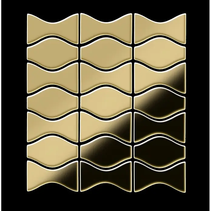 ALLOY Mosaikfliese Mosaik Fliese massiv Metall Titan hochglanz gold 1,6mm Kismet & Karma-Ti-GM - 299 x 299 mm, Gold, Hochglänzend - Goldene gewellte Mosaikfliesen im Raster, teils dunkel und spiegelnd.