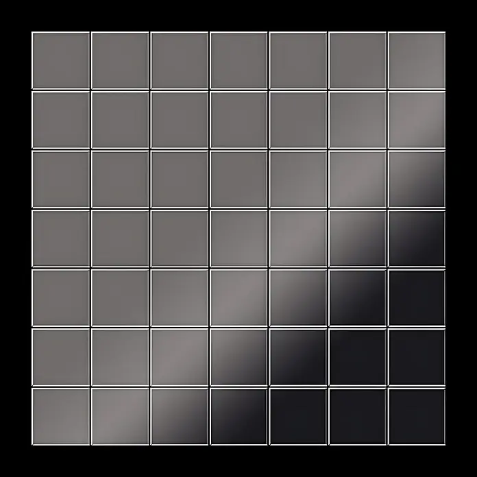 ALLOY Mosaikfliese Mosaik Fliese massiv Metall Titan hochglanz dunkelgrau 1,6mm Attica-Ti-SM - 295 x 295 mm, Schwarz, Grau, Hochglänzend - Raster aus Quadraten mit Grau-Schwarz-Verlauf und dezenten Fasen.