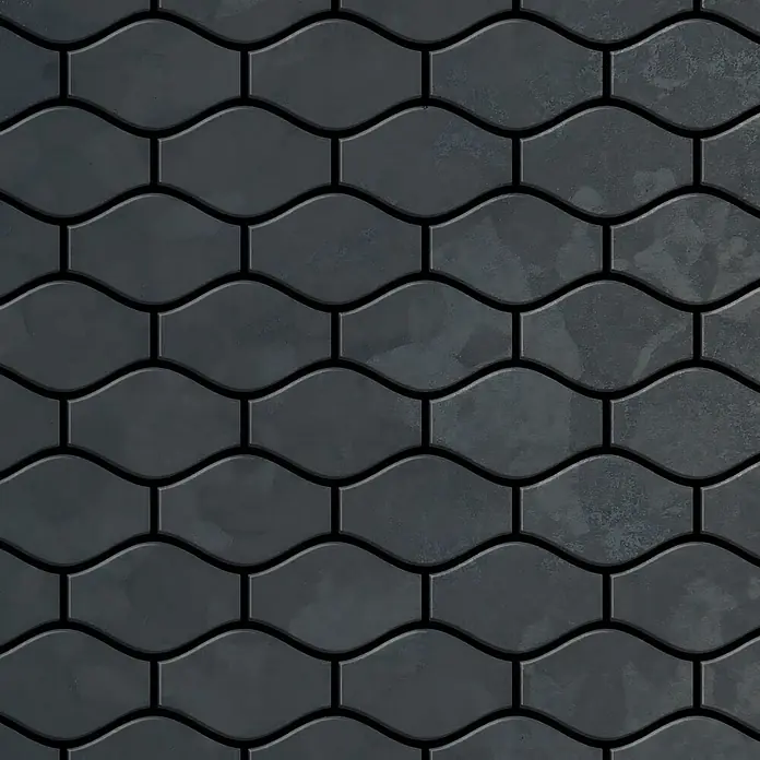 ALLOY Mosaikfliese Mosaik Fliese massiv Metall Rohstahl gewalzt grau 1,6mm stark Karma-RS - 329 x 301 mm, Grau, Sonstiges - Dunkelgraue, wellenförmige ineinandergreifende Fliesen mit schwarzem Fugenmörtel und dezenter Textur.