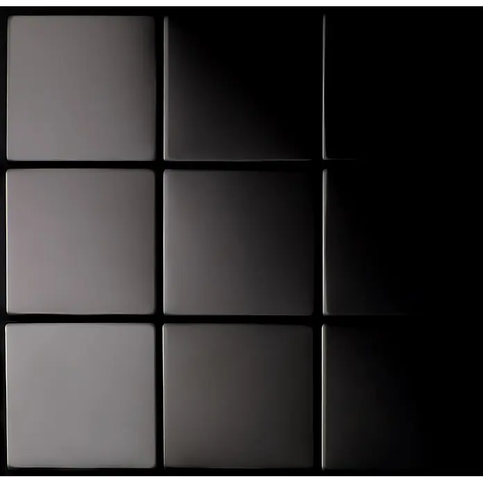 ALLOY Mosaikfliese Mosaik Fliese massiv Metall Titan hochglanz dunkelgrau 1,6mm Attica-Ti-SM - 295 x 295 mm, Schwarz, Grau, Hochglänzend - Matte graue Quadratpaneele in einem Raster angeordnet, von hellgrau zu dunkelgrau übergehend.