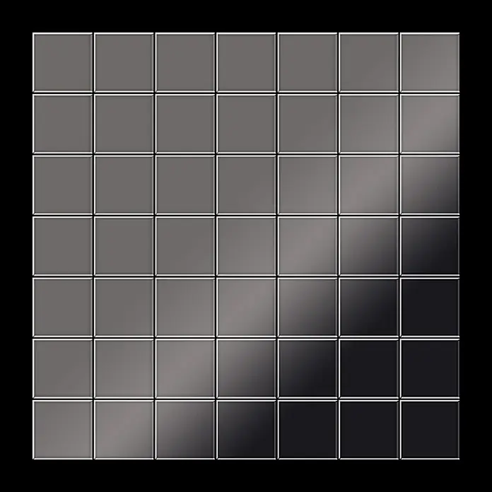 ALLOY Mosaikfliese Mosaik Fliese massiv Metall Titan hochglanz dunkelgrau 1,6mm Attica-Ti-SM - 295 x 295 mm, Schwarz, Grau, Hochglänzend - Reflektierendes Gitter aus 64 quadratischen Fliesen, diagonal von hell- zu dunkelgrau abgestuft.
