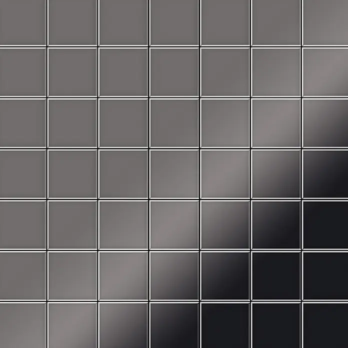 ALLOY Mosaikfliese Mosaik Fliese massiv Metall Titan hochglanz dunkelgrau 1,6mm Attica-Ti-SM - 295 x 295 mm, Schwarz, Grau, Hochglänzend - Ein Raster aus glänzenden quadratischen Fliesen in einem Grau-Schwarz-Verlauf.