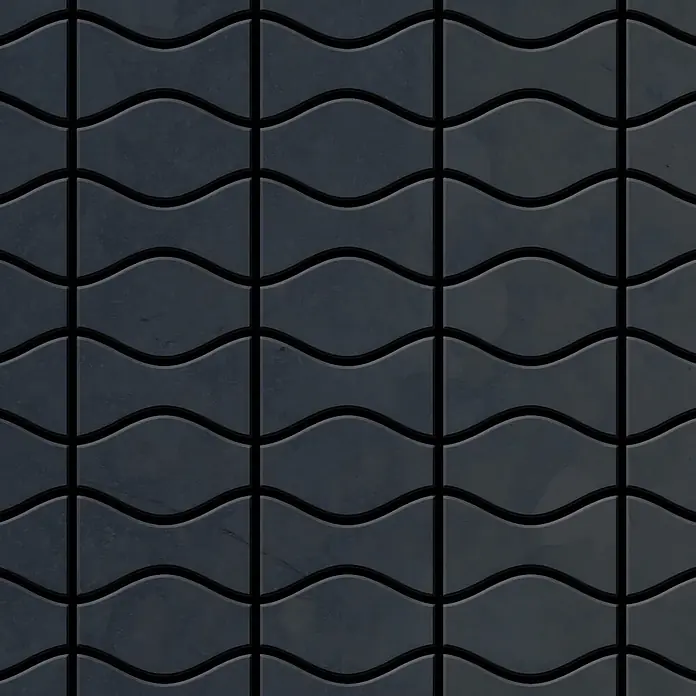 ALLOY Mosaikfliese Mosaik Fliese massiv Metall Rohstahl gewalzt grau 1,6mm Kismet & Karma-RS - 299 x 299 mm, Grau, Sonstiges - Dunkelgraue, texturierte Fliesen in einem Raster mit fließendem Wellenmuster.