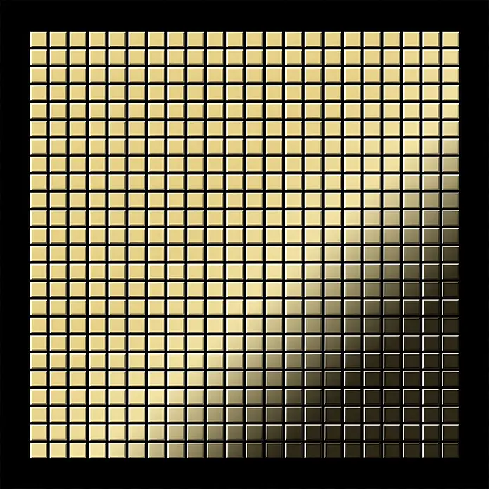 ALLOY Mosaikfliese Mosaik Fliese massiv Metall Messing gewalzt gold 1,6mm stark Glomesh-BM - 316 x 316 mm, Gold, Sonstiges - Goldene quadratische Mosaikfliesen mit einem Farbverlauf von hellem zu dunklem Metallglanz.