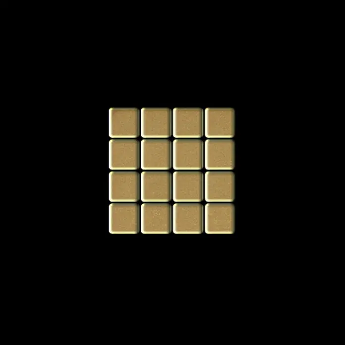 ALLOY Mosaikfliese Mosaik Fliese massiv Metall Messing gewalzt gold 1,6mm stark Glomesh-BM - 316 x 316 mm, Gold, Sonstiges - Sechzehn goldene quadratische Fliesen in einem 4x4-Gitter, mit texturierter Oberfläche.