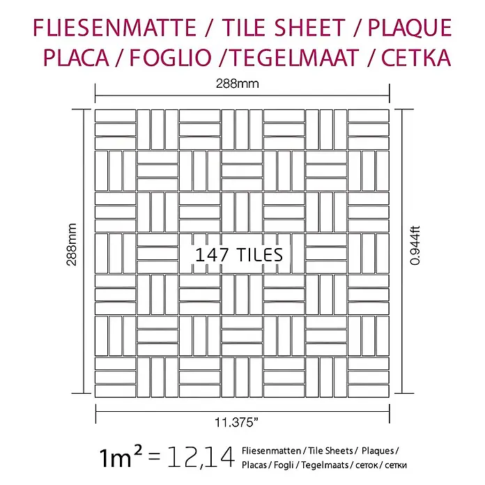 ALLOY Mosaikfliese Mosaik Fliese massiv Messing gewalzt gold 1,6mm stark Basketweave-BM - 288 x 288 mm, Gold, Sonstiges - Diagramm einer Fliesenmatte mit 147 rechteckigen Fliesen im Korbmuster, Maße.