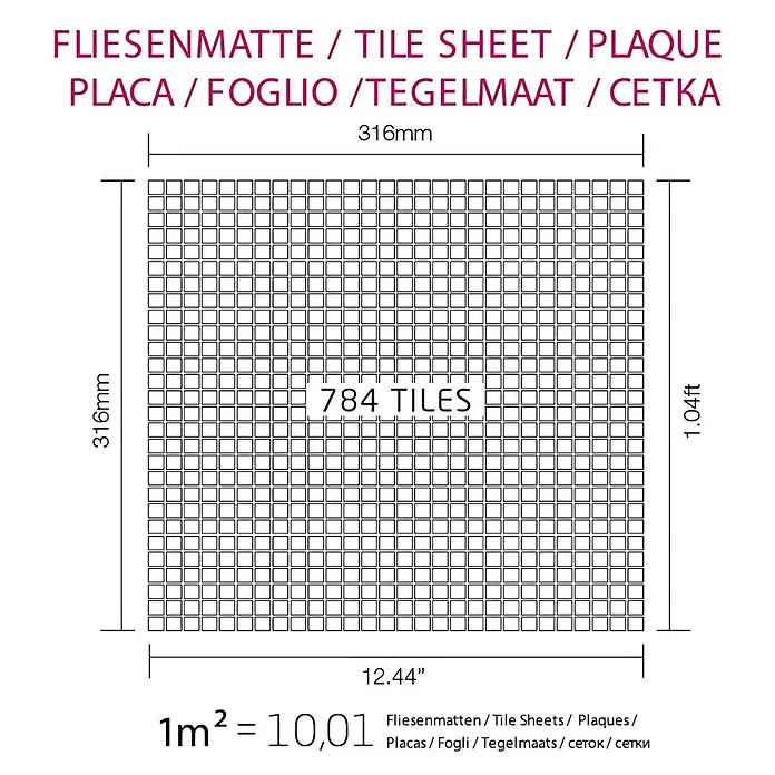 ALLOY Mosaikfliese Mosaik Fliese massiv Metall Edelstahl matt grau 1,6mm stark Glomesh-S-S-MA - 316 x 316 mm, Grau, Silber, Matt - Diagramm einer Fliesenmatte (316x316mm) mit 784 kleinen Fliesen. Zeigt Maße und Umrechnung für die Fläche.