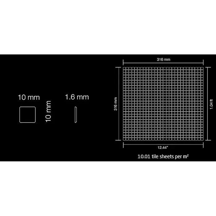 ALLOY Mosaikfliese Mosaik Fliese massiv Metall Edelstahl matt grau 1,6mm stark Glomesh-S-S-MA - 316 x 316 mm, Grau, Silber, Matt - Technische Zeichnung: 10x10x1.6mm Fliesen auf einer 316x316mm Platte (12.44in, 1.04ft), 10.01 Platten/m².
