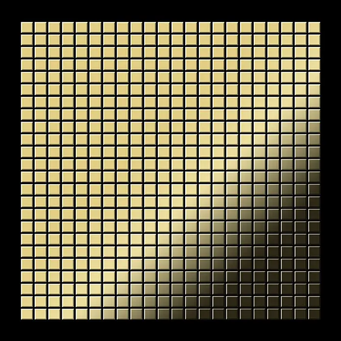 ALLOY Mosaikfliese Mosaik Fliese massiv Metall Messing gewalzt gold 1,6mm stark Glomesh-BM - 316 x 316 mm, Gold, Sonstiges - Quadratische Metallfliesen in einem Gitter, mit einem strahlenden Gold-zu-Dunkelbronze-Farbverlauf.