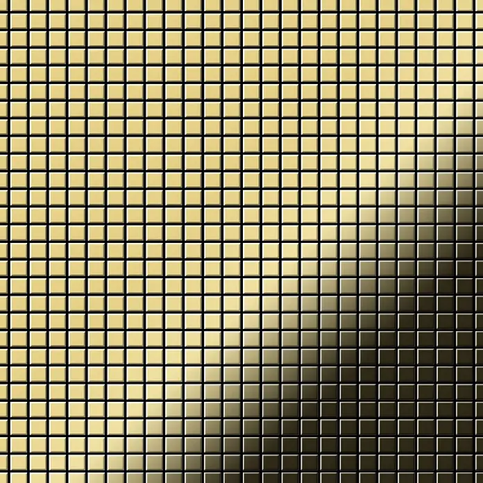ALLOY Mosaikfliese Mosaik Fliese massiv Metall Messing gewalzt gold 1,6mm stark Glomesh-BM - 316 x 316 mm, Gold, Sonstiges - Raster aus kleinen, quadratischen goldfarbenen Metallfliesen mit Farbverlauf.