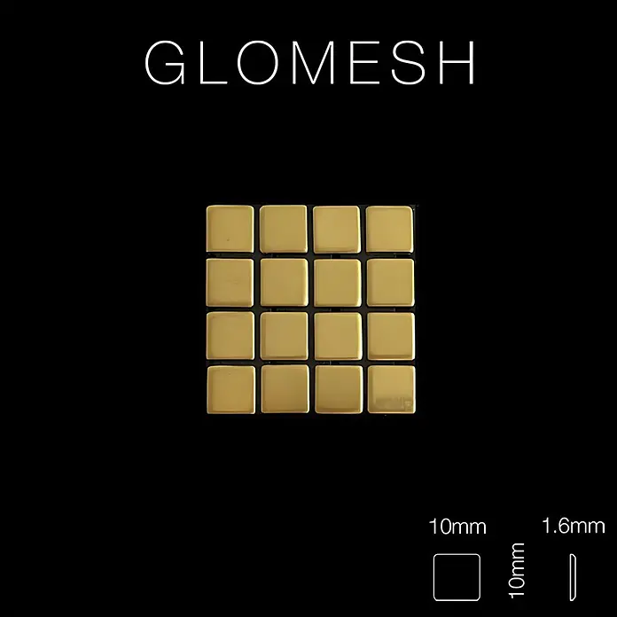 ALLOY Mosaikfliese Mosaik Fliese massiv Metall Messing gewalzt gold 1,6mm stark Glomesh-BM - 316 x 316 mm, Gold, Sonstiges - Ein Raster aus 16 goldfarbenen Metall-Glomesh-Plättchen, jeweils 10x10x1,6mm.