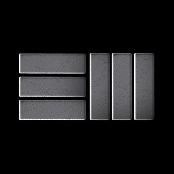 ALLOY Mosaikfliese Mosaik Fliese massiv Rohstahl gewalzt grau 1,6mm stark Basketweave-RS - 288 x 288 mm, Grau, Sonstiges - RUSS Logo aus grauen, texturierten Rechteckbalken.
