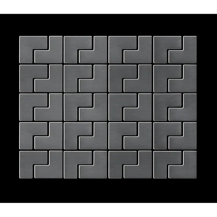 ALLOY Mosaikfliese Mosaik Fliese massiv Titan gebürstet dunkelgrau 1,6mm stark Kink-Ti-SB - 307 x 304 mm, Schwarz, Grau, Sonstiges - Gitter aus ineinandergreifenden grauen L-förmigen Fliesen aus gebürstetem Metall.