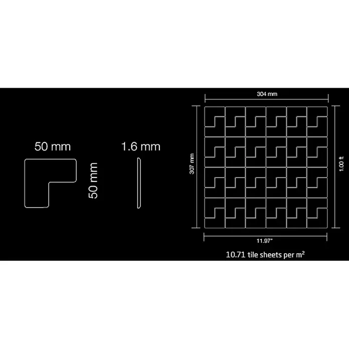 ALLOY Mosaikfliese Mosaik Fliese massiv Edelstahl hochglänzend grau 1,6mm stark Kink-S-S-M - 307 x 304 mm, Grau, Silber, Hochglänzend - L-förmige Fliese und Fliesenmatte mit Maßen. Die Matte misst 304x307mm (11.97"x1.00ft) und deckt 10.71 Matten/m² ab.