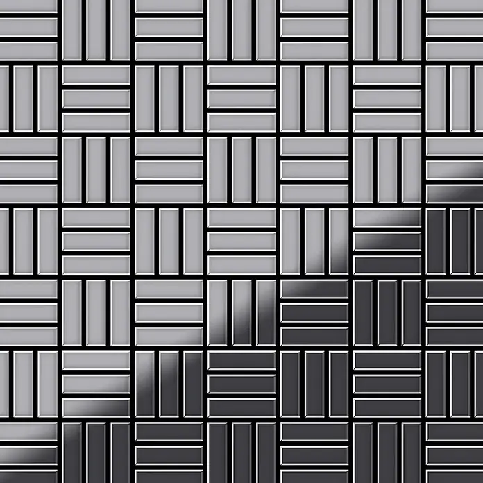 ALLOY Mosaikfliese Mosaik Fliese massiv Edelstahl hochglanz grau 1,6mm Basketweave-S-S-M - 288 x 288 mm, Grau, Silber, Hochglänzend - Rechteckige Fliesen im Korbmuster, Farbverlauf von hell- zu dunkelgrau.