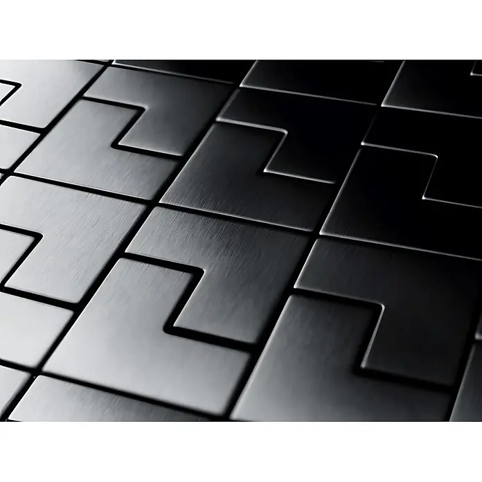 ALLOY Mosaikfliese Mosaik Fliese massiv Titan gebürstet dunkelgrau 1,6mm stark Kink-Ti-SB - 307 x 304 mm, Schwarz, Grau, Sonstiges - Muster aus ineinandergreifenden gebürsteten dunklen Metallfliesen, die eine moderne geometrische Textur bilden.