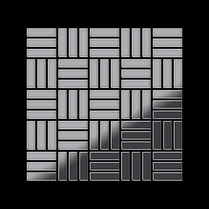 ALLOY Mosaikfliese Mosaik Fliese massiv Edelstahl hochglanz grau 1,6mm Basketweave-S-S-M - 288 x 288 mm, Grau, Silber, Hochglänzend - Metallische Mosaikfliesen im Flechtmuster, von Hell- bis Dunkelgrau verlaufend.